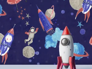 کاغذ دیواری کودک طرح کهکشان و فضانورد | سرمه‌ای کد 12101