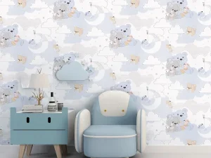 کاغذ دیواری کودک طرح خرس‌های عروسکی | آبی کد 12077