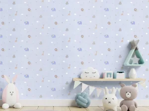 کاغذ دیواری کودک طرح دنیای حیوانات | آبی کد 12071