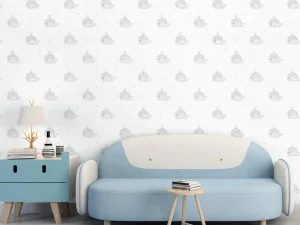 کاغذ دیواری کودک طرح نهنگ‌های دریایی | طوسی / سفید کد 12041