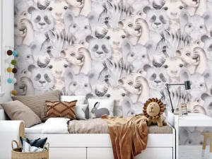 کاغذ دیواری کودک طرح حیوانات | کرم / خاکستری کد 12029