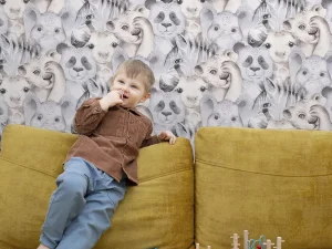 کاغذ دیواری کودک طرح حیوانات | کرم / خاکستری کد 12029