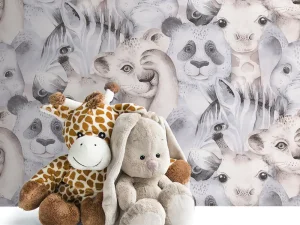 کاغذ دیواری کودک طرح حیوانات | کرم / خاکستری کد 12029