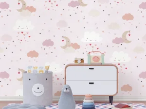 کاغذ دیواری کودک طرح آسمان ابری | صورتی کد 12021