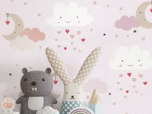 کاغذ دیواری کودک طرح آسمان ابری | صورتی کد 12021