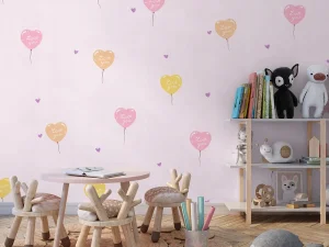 کاغذ دیواری کودک طرح بادکنک های قلبی | صورتی کد 12015