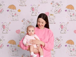 کاغذ دیواری کودک طرح فیل های کوچک | صورتی کد 12013