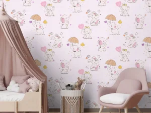 کاغذ دیواری کودک طرح فیل های کوچک | صورتی کد 12013