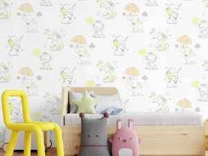 کاغذ دیواری کودک طرح فیل های کوچک | سفید لیمویی کد 12009