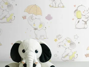 کاغذ دیواری کودک طرح فیل های کوچک | سفید لیمویی کد 12009