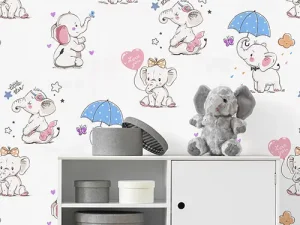 کاغذ دیواری کودک طرح فیل کوچولوها | رنگ سفید کد 12005
