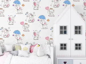 کاغذ دیواری کودک طرح فیل کوچولوها | رنگ سفید کد 12005