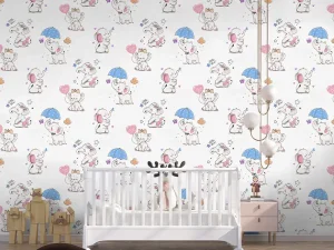 کاغذ دیواری کودک طرح فیل کوچولوها | رنگ سفید کد 12005