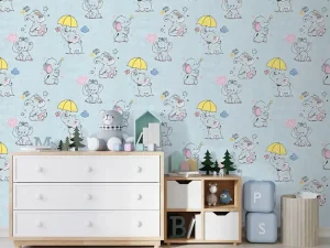 کاغذ دیواری کودک طرح فیل کوچولوها | آبی کد 12001