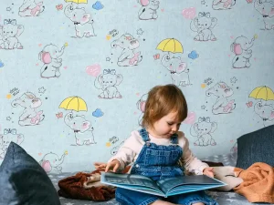 کاغذ دیواری کودک طرح فیل کوچولوها | آبی کد 12001