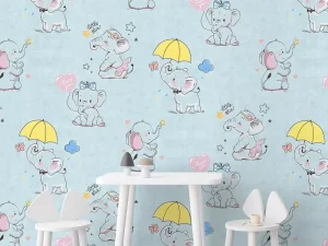 کاغذ دیواری کودک طرح فیل کوچولوها | آبی کد 12001