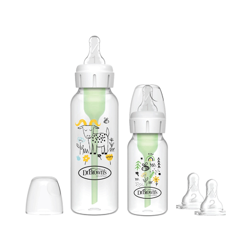 شیشه شیر طلقی 2عددی باریک طرحدار 250 و 120میل دکتربراونز اورجینال+سرشیشه یدک