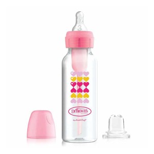 شیشه شیر طلقی باریک صورتی 250 میل دکتر براونز اورجینال (همراه با سری آب خوری)