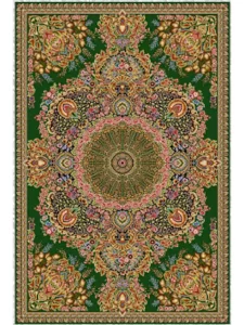 فرش ماشینی ابریشمی طرح دستباف سبز پر رنگ 1500 شانه کد 5519