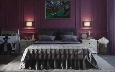 طراحی دکوراسیون اتاق خواب رمانتیک با تم بنفش