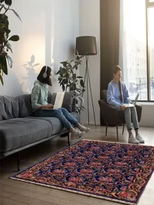 فرش ماشینی ابریشمی طرح دستباف آبی کاربنی 1500 شانه کد 5512