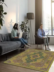 فرش ماشینی ابریشمی طرح دستباف سبز کمرنگ 1500 شانه کد 5542