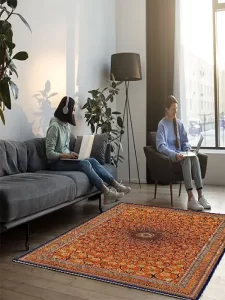 فرش ماشینی ابریشمی طرح دستباف آبی کاربنی 1500 شانه کد 5535