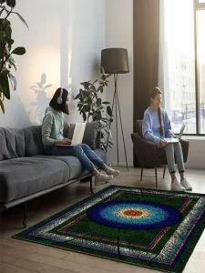 فرش ماشینی ابریشمی طرح دستباف سبز پر رنگ 1500 شانه کد 5526