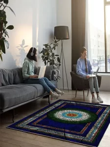 فرش ماشینی ابریشمی طرح دستباف آبی کاربنی 1500 شانه کد 5526