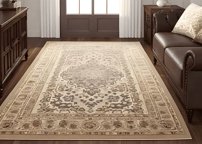 فرش قهوه ای با الگوهای سنتی