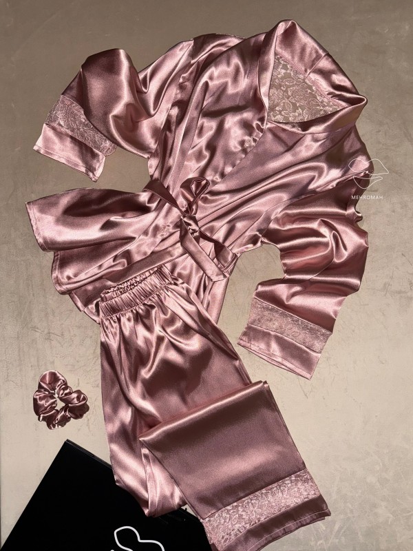 ست بلوز و شلوار ساتن دانتل دار کد 717