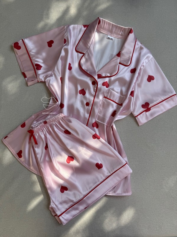 لباس خواب بلوز و شلوارک ساتن قلبی کد 795