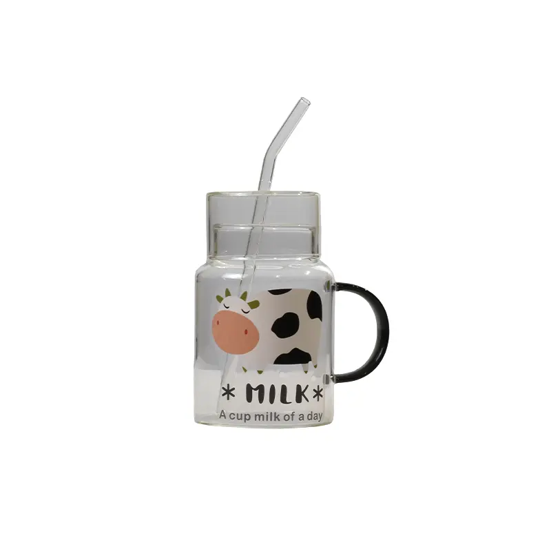 لیوان شیر دسته دار شیشه ای نی دار