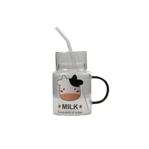 لیوان شیر دسته دار شیشه ای نی دار