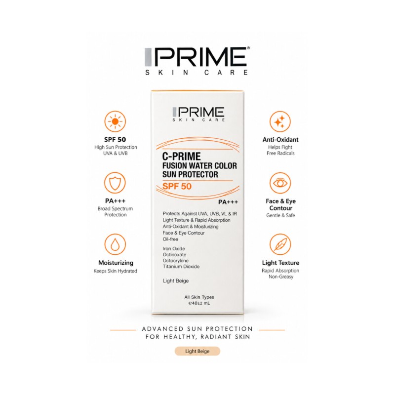 فلوئید ضد آفتاب پرایم مدل فیوژن واتر حاوی ویتامین سی با SPF50 حجم 40 میلی لیترPRIME