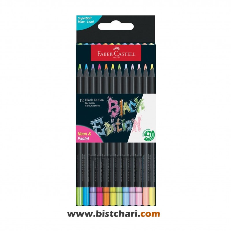 مداد رنگی 12 رنگ Black Edition نئونی و پاستلی کد 116410 برند فابر کاستل Faber Castell