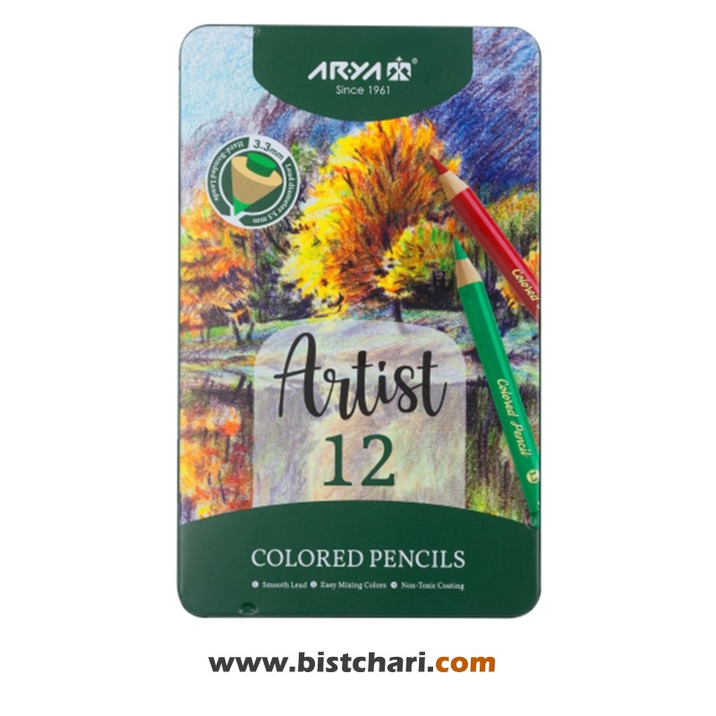 مداد رنگی 12 رنگ جعبه فلزی مدل Artist کد 3901 برند آریا Arya