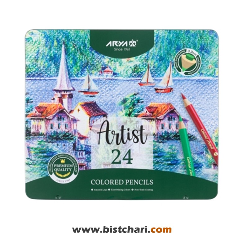 مداد رنگی 24 رنگ جعبه فلزی مدل Artist کد 3902 برند آریا Arya