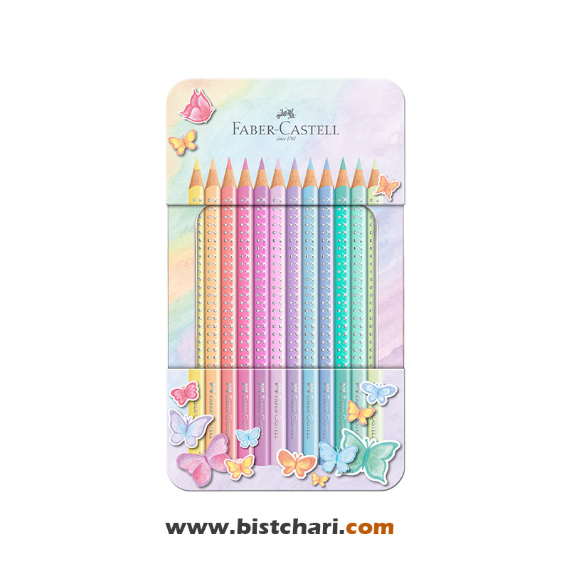 مداد رنگی 12 رنگ پاستلی مدل Sparkle جعبه فلزی برند فابرکاستل Faber Castell