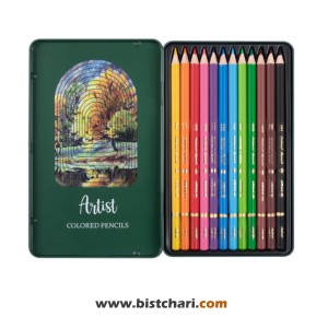 مداد رنگی 12 رنگ جعبه فلزی مدل Artist کد 3901 برند آریا Arya