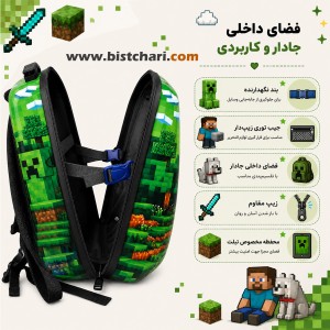 کوله پشتی مدرسه ای هارد کیس طرح Minecraft Green برند Marinox Marvel