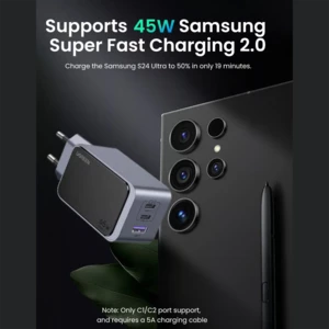 فروش شارژر دیواری 65 وات یوگرین با دو پورت تایپ سی و یک پورت یو اس بی