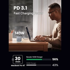 شارژر دیواری فست شارژ تایپ‌‍سی و یو‌اس‌بی 140 وات یوگرین با کابل دوسر تایپ‌سی