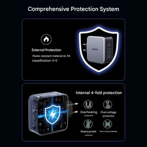 شارژر دیواری فست شارژ تایپ‌‍سی و یو‌اس‌بی 140 وات یوگرین با کابل دوسر تایپ‌سی