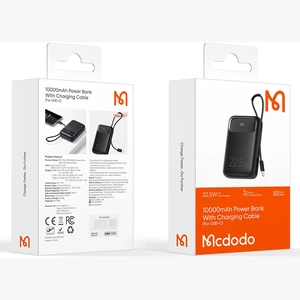 پاوربانک 10000 تایپ‌سی و یو اس بی توان 22.5 وات مک‌دودو با کابل تایپ‌سی متصل و نمایشگر دیجیتالی