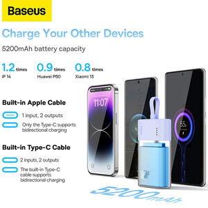 پاوربانک 5200 میلی‌آمپر ساعت تایپ سی با کابل لایتنینگ بیسوس