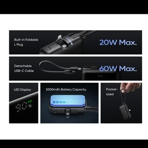 بهترین پاوربانک 22.5 وات 5000 مک دودو با کانکتور لایتنینگ و کابل تایپ سی متصل