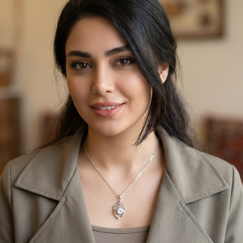 گردنبند نقره‌ای با طراحی هنری و نگین درخشان استنلس استیل