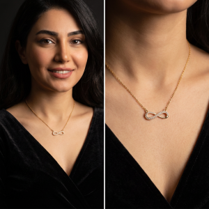 گردنبند زنانه طرح بی‌نهایت طلایی با نگین‌های درخشان