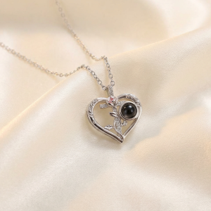 گردنبند تلسکوپی زنانه طرح قلب و گل، با دوست دارم به 100 زبان